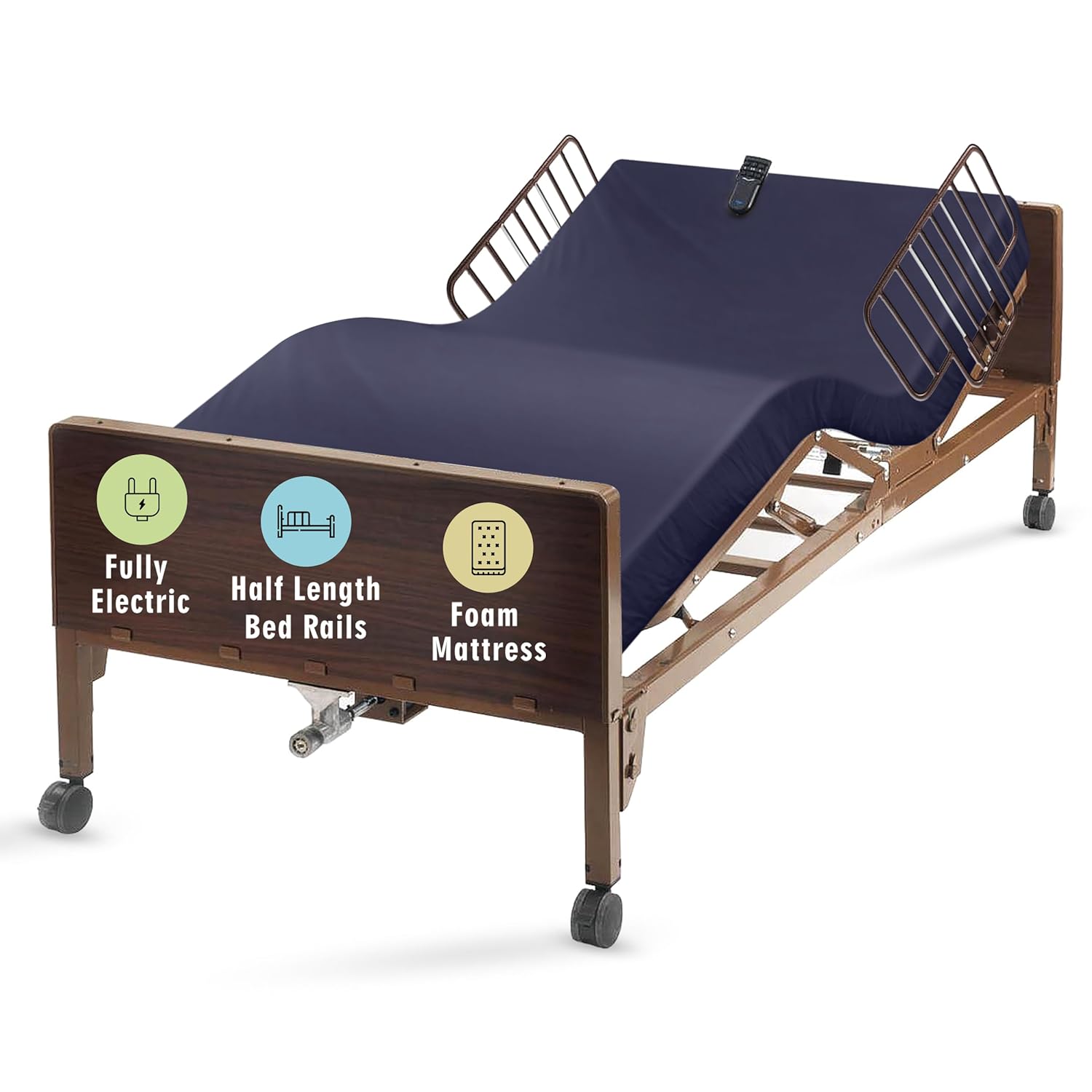 Full Electric Hospital Bed with Premium Mattress and Rails Included - for Home Care Medical Facilities - Fully Adjustable, Hand Pendant - 80" x 36" (80" x 36" Standard with Half Rails, Foam Mattress)